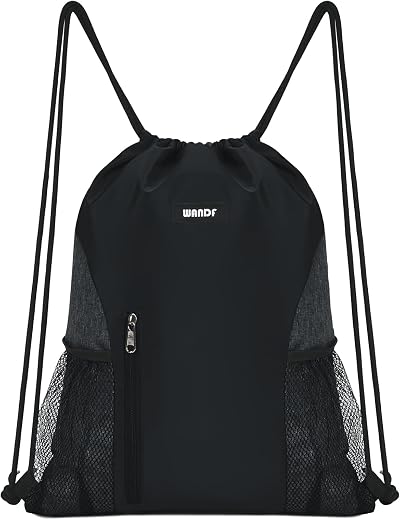 WANDF Drawstring Backpack Sports Gym Sackpack with Mesh Pockets Black