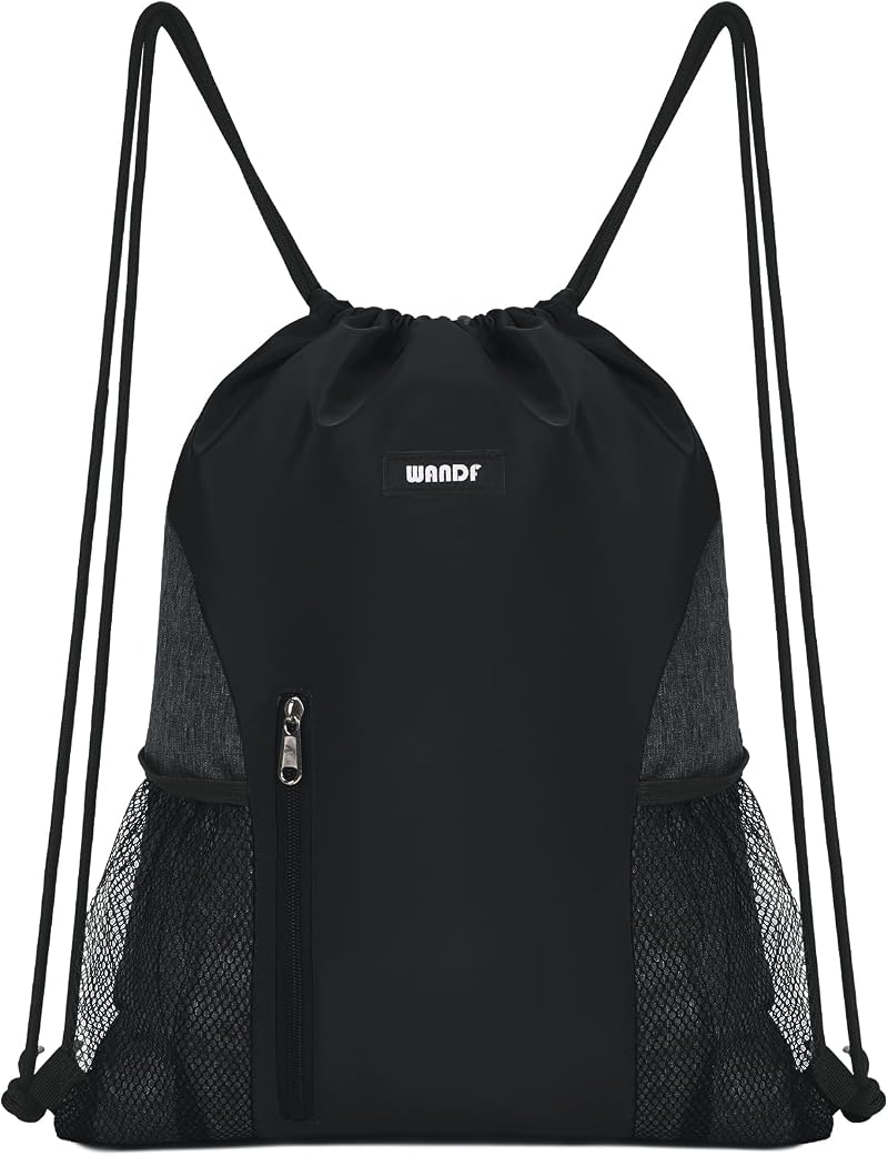WANDF Drawstring Backpack Sports Gym Sackpack with Mesh Pockets Black