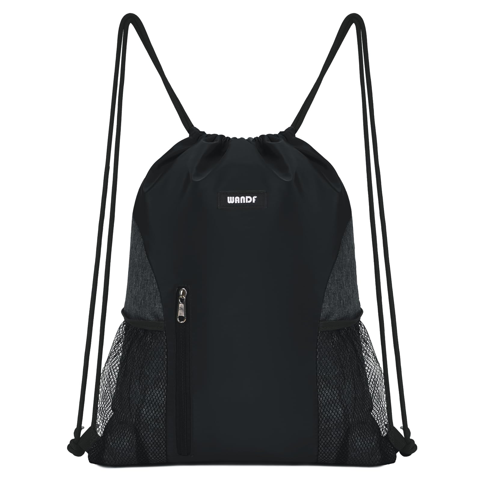 WANDF Drawstring Backpack Sports Gym Sackpack with Mesh Pockets Water Resistant String Bag for Women Men Children (Black) — image 1