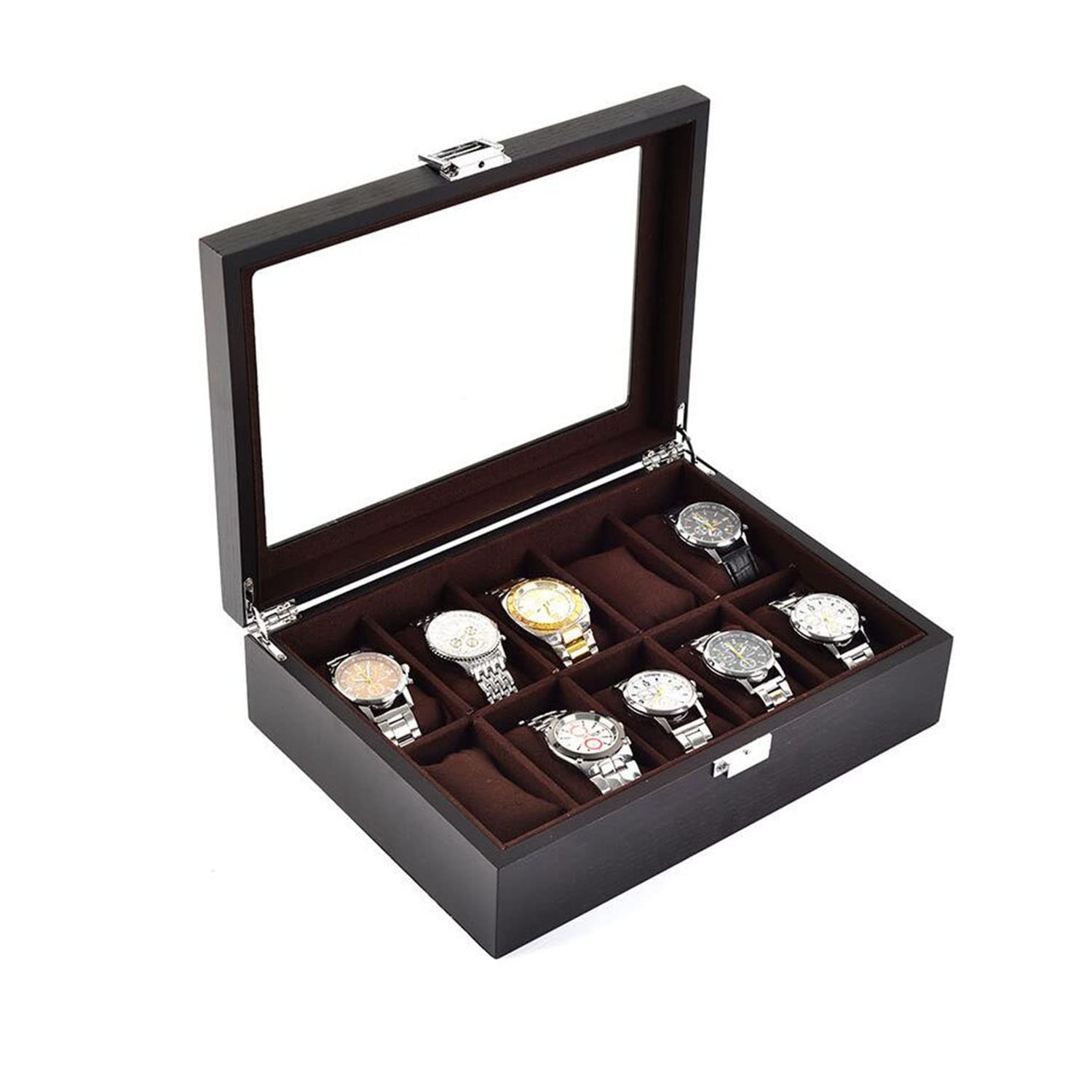 Guolich Watch Storage Box 10 Slot Watch Display Stand Case Black Solid Wood Jewelry Bracelet Collector with Glass Cover