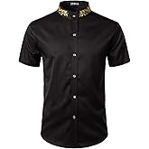 ZEROYAA Mens Hipster Gold Embroidery Mandarin Collar Slim Fit Short Sleeve Casual Dress Shirts