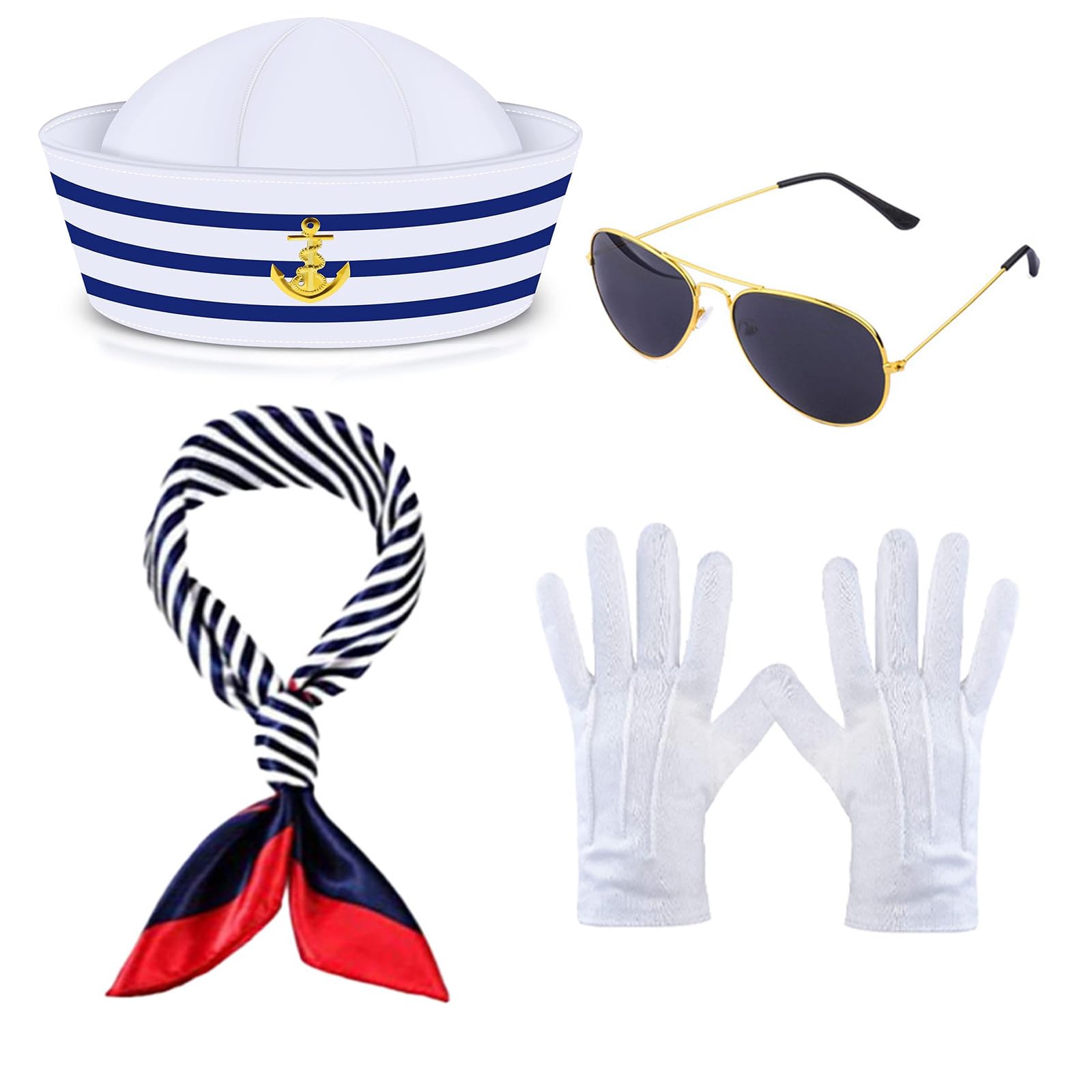 VPB Stripes sailor hat and scarf Set,Sailor hats for adults,Sailor costume women,Navy outfit dressing up party for women men costume accessory(4 Pcs)