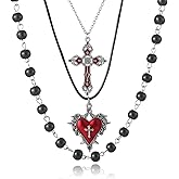 Gothic Layered Necklace for Women,Vintage Cross Pendant Necklaces Punk Style Heart Necklaces Red Black Crystal Gemstone Necklaces Goth Y2k Vampire Halloween Victoria Mystic Witch Jewelry Accessories