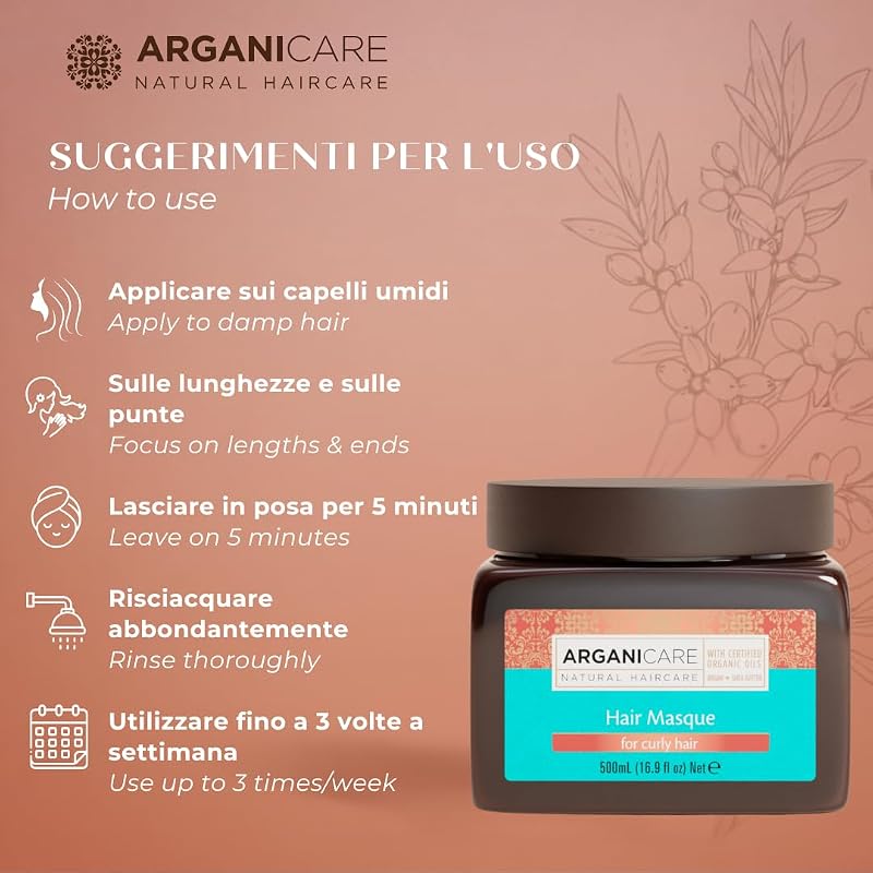 Maschera Capelli Ricci 500 ml, trattamento nutriente e disciplinante per definire i ricci, aiuta a ridurre il crespo e a migliorare morbidezza e pettinabilità, uso dopo shampoo