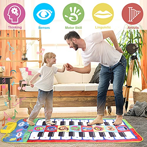 Kavaikid Piano Mat for Kids, Musical Keyboard Dance Blanket Mat, 8 Musical Instruments 5 Play Modes, Animal Theme Educational Toy for Birthday and Christmas(44.1x19.7in)