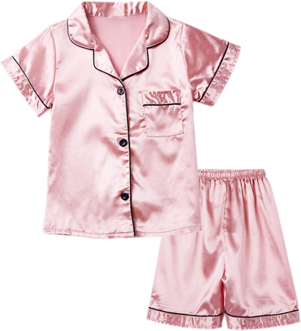 Girls Satin Pajamas Set, PJS Short Sleeve Button-Down Top + Shorts Sleepwear Loungewear 2 Pieces Pajamas Set for Little & Big Girls, Pink, 7-8 Years = Tag 14