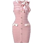 winkbay Women's Elegant Bow Button Front Dress Summer Crew Neck Bodycon Mini Work Cocktail Party Dresses