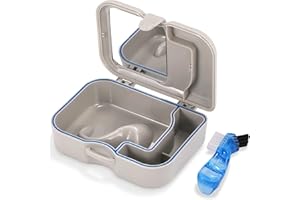 Annhua Denture Cup Bath Box with Mirror and Cleaning Brush, Dental Case with Brush Retainer Cleaning Case Mouth Guard Storage Soaking Cup Holder for Travel, Office, Household Use