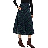 Xaatren Women's Long Plaid Skirt, High Elastic Waist Fall Winter A Line Pockets Flared Pleated Vintage Maxi Wool Zipper Skirt