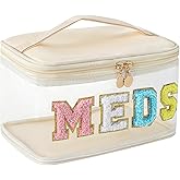Chenille Letter Clear Medicine Makeup Bag, Large Size Waterproof Nylon Cosmetic Toiletry Storage bag with Top Handle, Transparent Meds First Aid Travel Organizer Cosmetic Bag(03Beige)