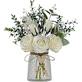 JARELING Fake Flowers with Vase Silk Rose Flowers in Vase Eucalyptus Flowers Arrangement Suitable for Home Office Decoration, Dining Table Centerpiece (Rose-White)