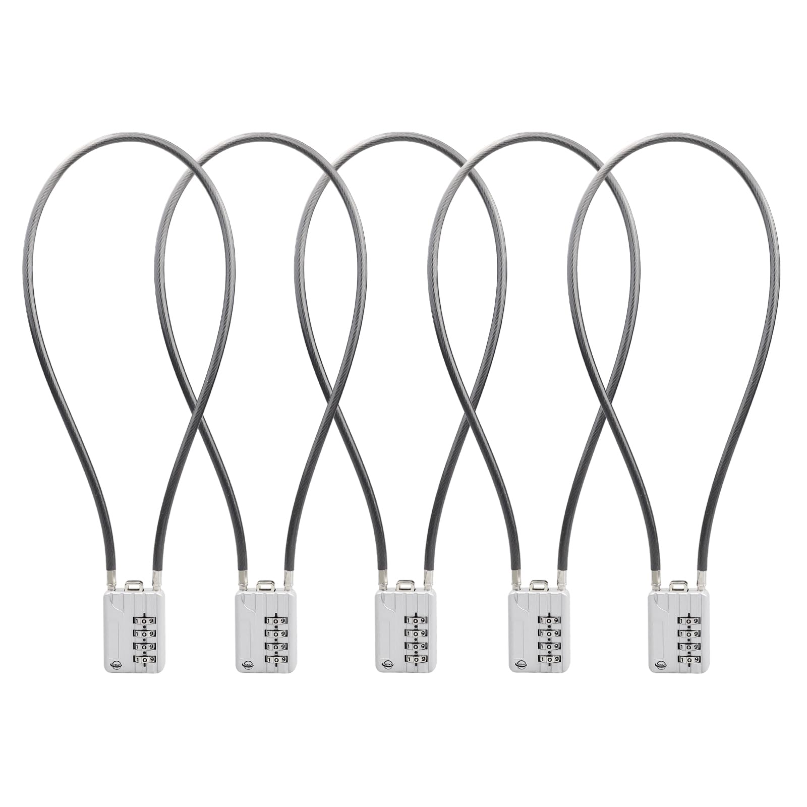 SISAV 4 Digit Cable Combination Lock - 20 inches (50cm) Bold Cable for School Gym Locker, Helmet, Filing Cabinets, Toolbox, Luggage Suitcase, Knapsack - 5mm Diameter, Silver (5 Pack)