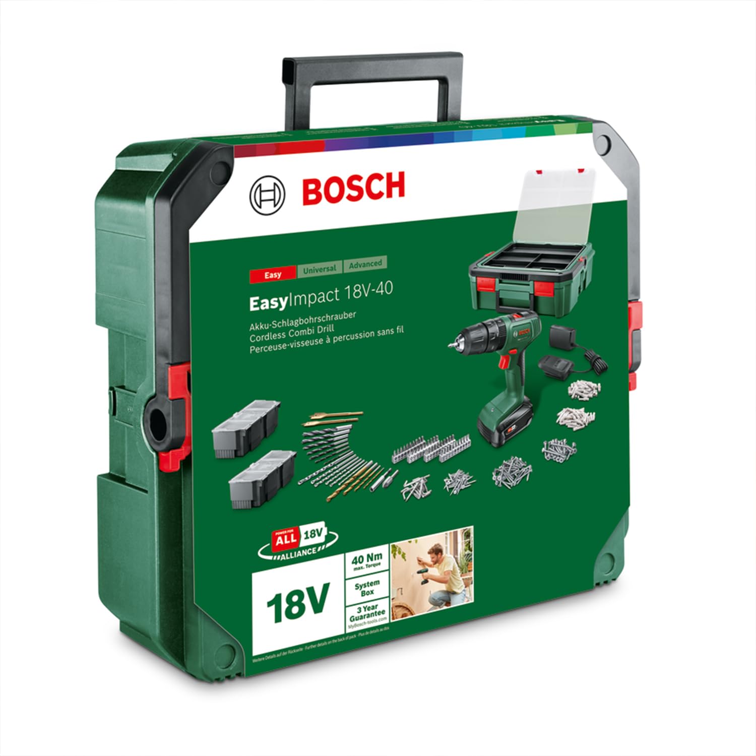 Bosch EasyImpact 18V-40 Cordless Hammer Drill (Screws, Drilling in Wood, Metal and Plastic; Impact Drilling in Masonry; 241-Piece Bit Set; 1 Battery 1.5 Ah; 18 Volt System; in SystemBox)