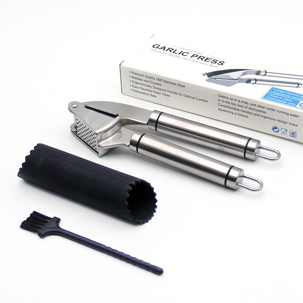 Sutop YSQ3-1 Garlic Press with Peeler and Brush Stainless Steel Press Silicone Peeler Gift