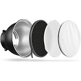 INVINEEX 7" Bowens Reflector Kit with Grid &amp; Diffusers | 4-in-1 Bowens light modifier kit includes reflector, 60&deg; grid, diffuser plate, and soft cloth for lighting control.