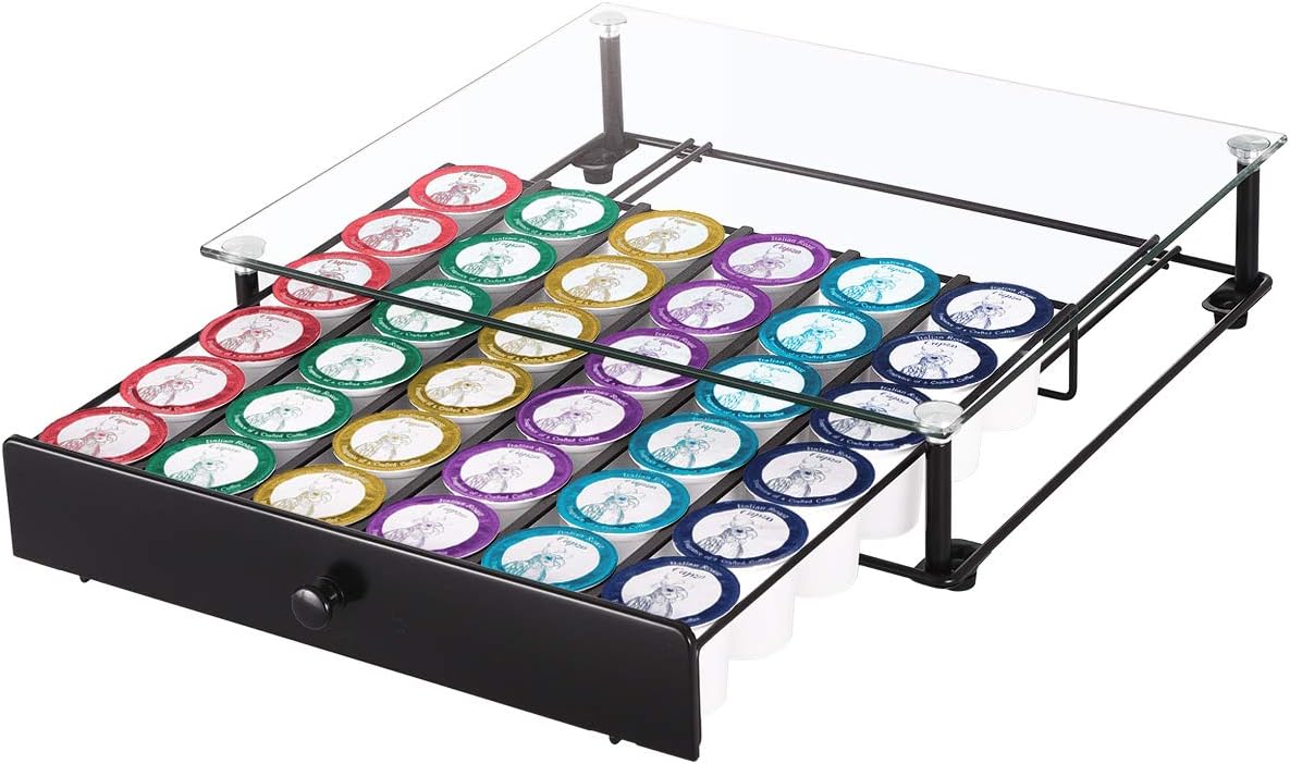 Coffee Pod Holder, Tempered Glass Top Coffee Pod Storage Drawer for K Cup Coffee Pods, Black Coffee Capsules Holder Compatible with 36 Pods, 6 Pods for Each Line: Kitchen & Dining