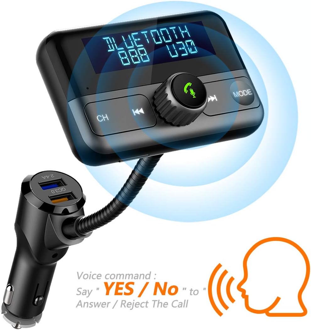 [Voice Command] Car Bluetooth FM Transmitter, Wireless Radio Adapter Hands-Free Calling 4.2 Bluetooth QC3.0 and Smart 2.4A Dual USB Ports, AUX Input/Output, TF Card USB Drive Mp3 Player