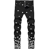 Oaovo Men's Black Printed Jeans Regular Fit Denim Pants Trendy Hip Hop Streetwear Trousers Casual Daily Wear Pants