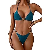 Fanuerg Women's Triangle Bikini Sets Gold Ring Linked Two Piece Swimsuit Halter String Bathing Suit
