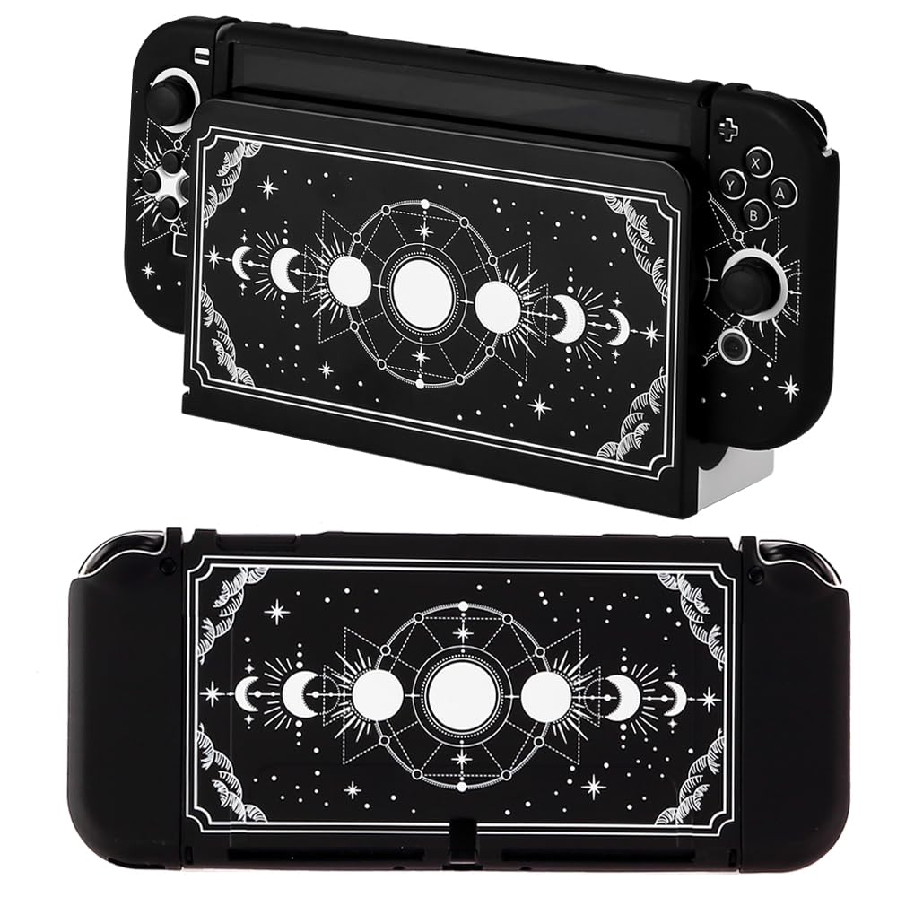 CasosexploreLab Shell Case Compatible with Nintendo Switch OLED Black Moon Phase Protective Cover for Nintendo Switch Joycon Controller Soft TPU Grip Dokable Case Carrying Cover Switch Accessories