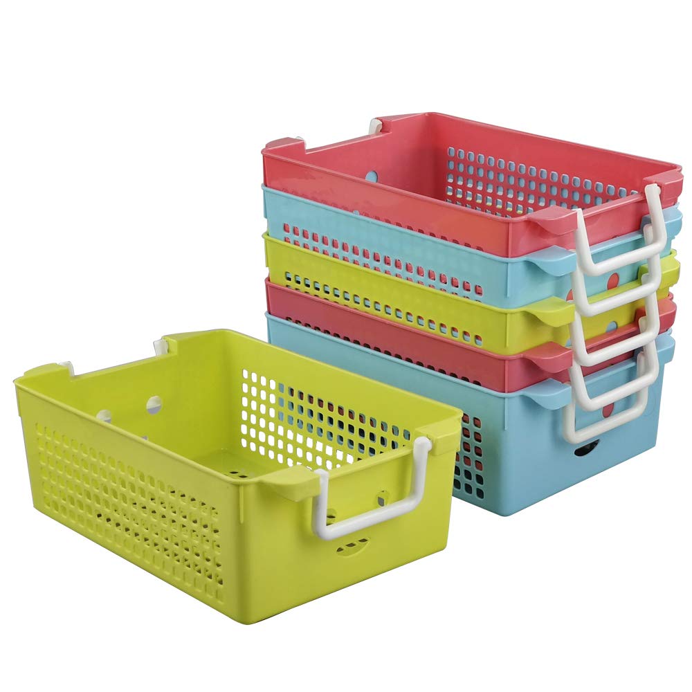 Plastic Cupboard Basket with Handles, Stacking Storage Basket, 6 Packs