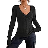 ZAFUL Women's Cable Knit V Neck Sweater Slim Fit Long Sleeve Knitwear Casual Pullover Jumper Tops