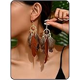 Feather Earrings for Women, Boho Long Brown Gold Dangle Drop Earrings, Handmade Statement Vintage Western Style Lightweight Trendy 2026 Fancy Unique Jewelry Gift