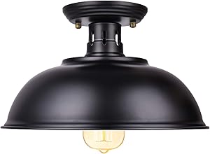 Vintage Rustic Semi Flush Mount Ceiling Light, Farmhouse Black Ceiling Light Fixture E26 Base, Industrial Ceiling Lights for Hallway Stairway Foyer Kitchen Porch Entryway