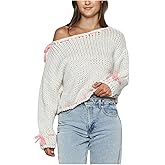 Women Cute Bow Sweater Long Sleeve Bow Front Knitted Pullover Ribbon Lace Up Cable Jumper Knitwear Going Out Top