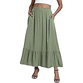 EXCHIC Women's Flowy Boho Maxi Skirt Elastic Waist A-Line Flared Ruffle Long Skirts with Pockets