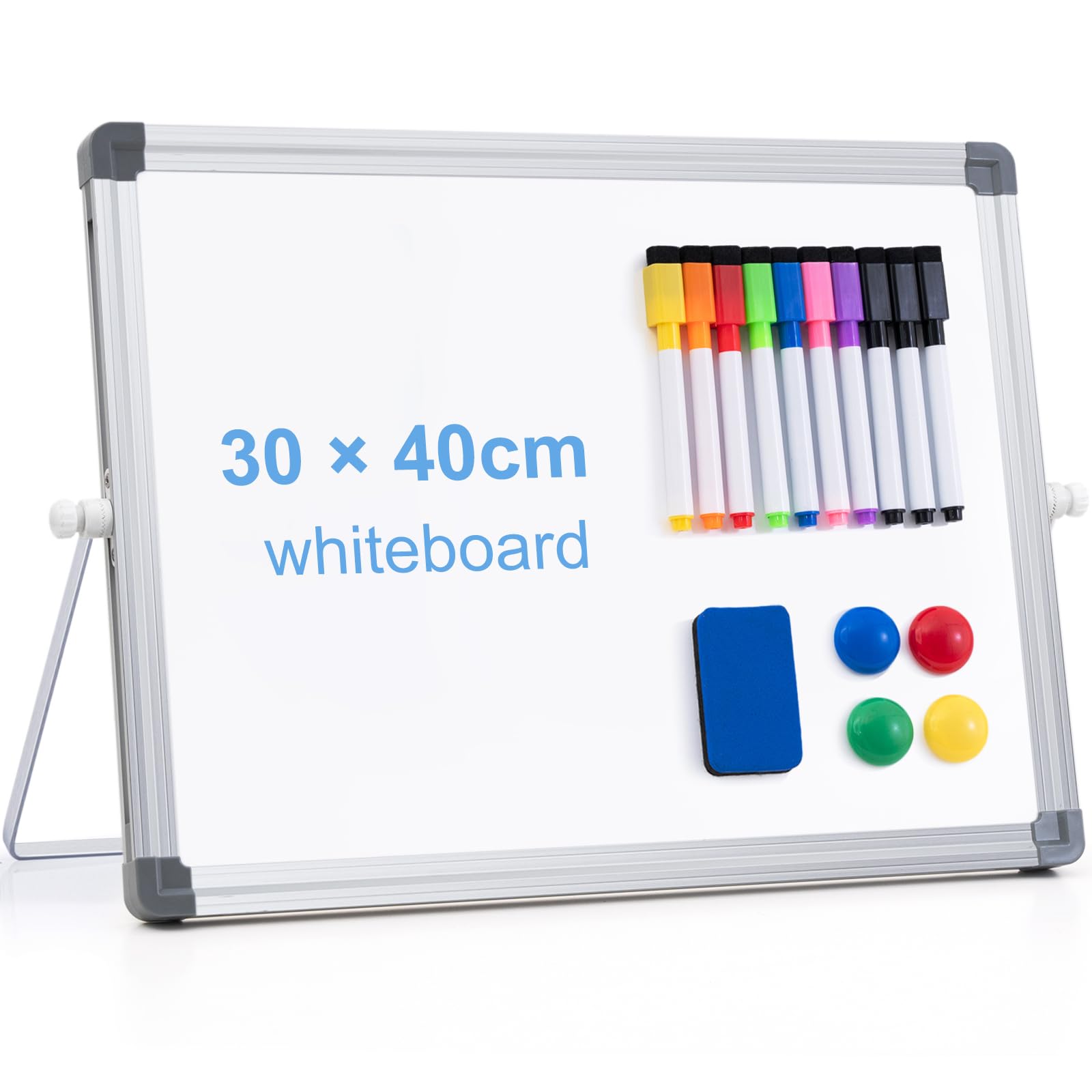 ARCOBIS Dry Erase WhiteBoard 40 x 30 cm, A3 Double Sided White Board with Stand, 10 Pens, 1 Eraser, 4 Magnet, Small Portable Desktop Magnetic Board for School Supplies Office