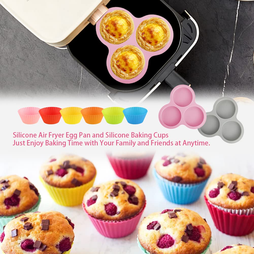 Abnaok 2PCS Silicone Air Fryer Egg Pan with 6PCS Reusable Silicone Baking Cups, Non-Stick Air Fryer Baking Pan, 3 Cavity Silicone Muffin Pans Muffin Cups for Baking