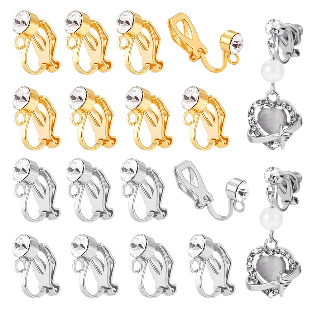 PH PandaHall Clip-on Earring Converter, 8 Pairs 2 Colors Brass Findings With Crystal Rhinestone and Silicone Pads for Non-Pierced Ears DIY Making
