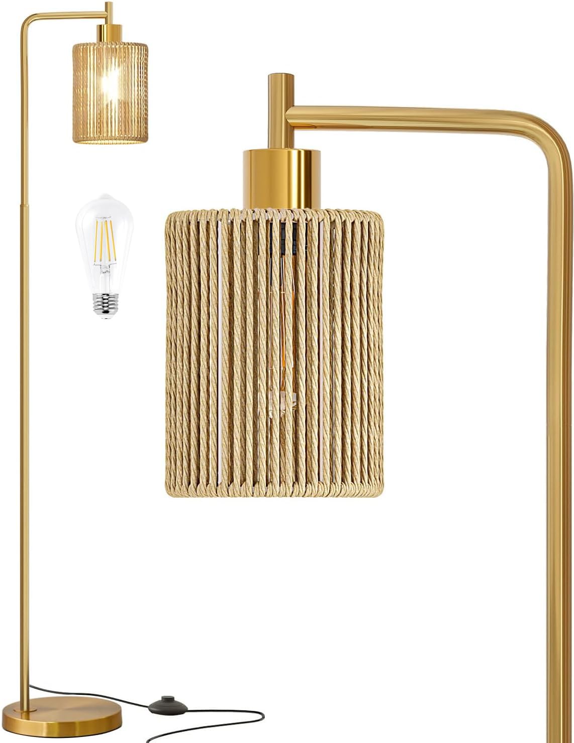 Photo 1 of Oneach 66" Gold Floor Lamp for Living Room, Boho Floor Lamp with LED Bulb, Foot Switch, Rattan Shade, Industrial Tall Farmhouse Standing Lamp for Bedroom, Dining Room, Study Room, Office