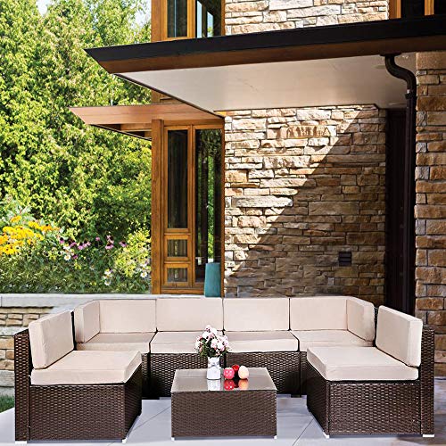 Aclumsy 7 Piece Outdoor Patio Furniture Sets PE Rattan Conversation Sofa Set Sectional Wicker Ch ...