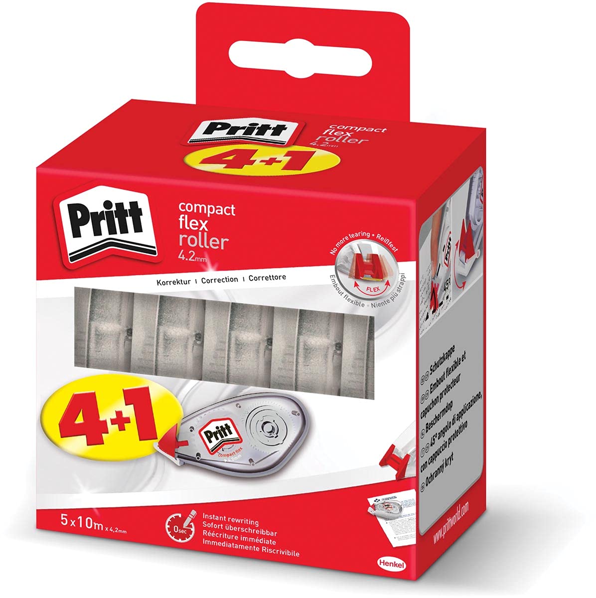 Pritt Compact Flex 2382016 Correction Roller, Easy to Use with Flexible Tip, Tape Length 10 m, Tape Width 4.2 mm, Pack of 5 Economy Set, White