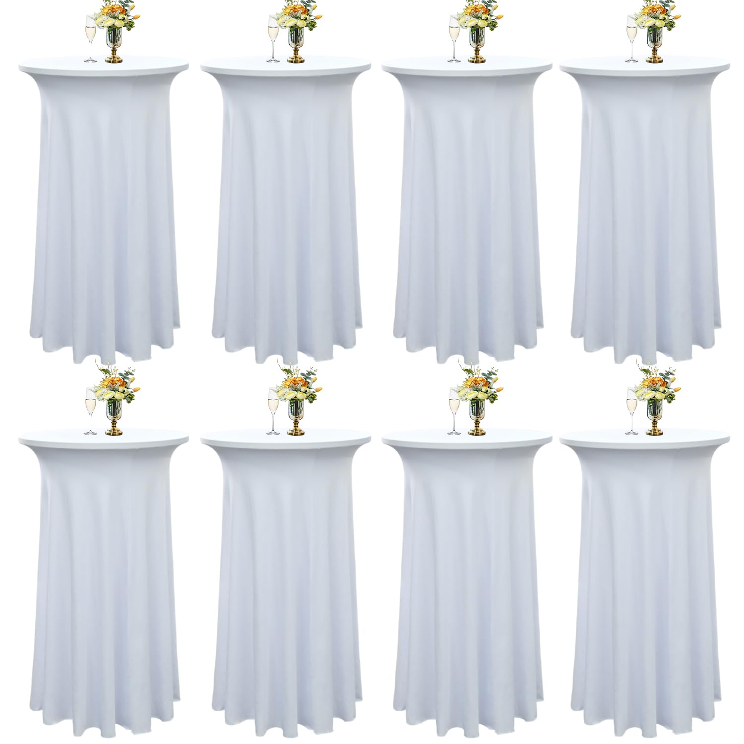 Photo 1 of 8-Pack 24"x43" White Round Cocktail Table Skirts | Stretch Spandex Fitted Tablecloths | Wrinkle-Resistant, Stain-Resistant, and Machine Washable for Bars, Weddings, Parties, and Banquets