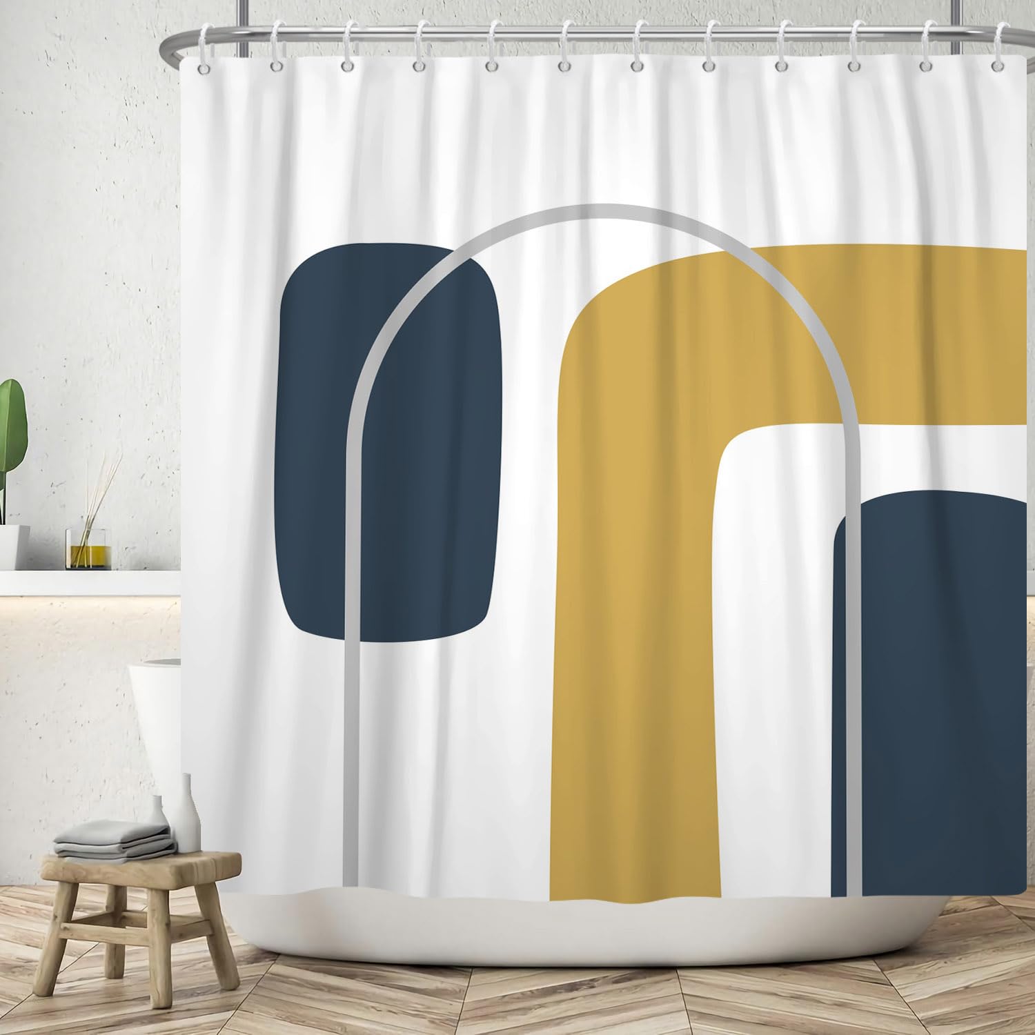 ASDCXZ Geometry Shower Curtain 180x180 cm, Modern Boho Navy Blue Yellow Grey Geometry Pattern White Bath Washable Shower Curtains Polyester Textile Waterproof Bath Curtain for Bathtub with 12 Hooks — image 1