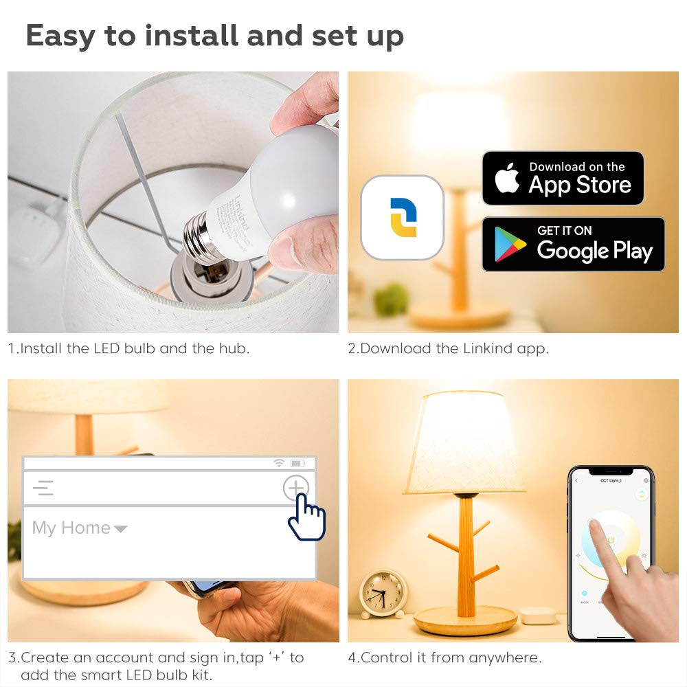 Linkind LED Zigbee Smart Bulb Starter Kit, 2 Dimmable Zigbee LED E26 Bulbs & 1 Mini hub, 9W 2700K Warm White, 60W Equivalent, Compatible with Alexa