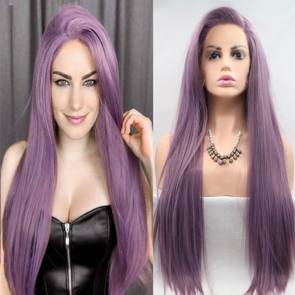 Xiweiya Mixed Purple 13*4 Lace Front Wig For Women Long Straight Light Purple Wig Side Part Lavender Purple Lace Front Wig Heat Resistant Fiber 180% Density Wig For Women 24inch
