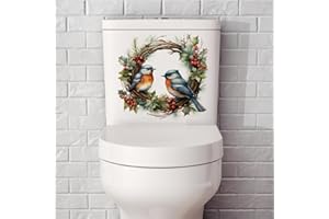Elvaesther Christmas Bird Wreath Toilet Seat Stickers, Self-Adhesive DIY Removable PVC Toilet Lid Decals Christmas Toilet Sti