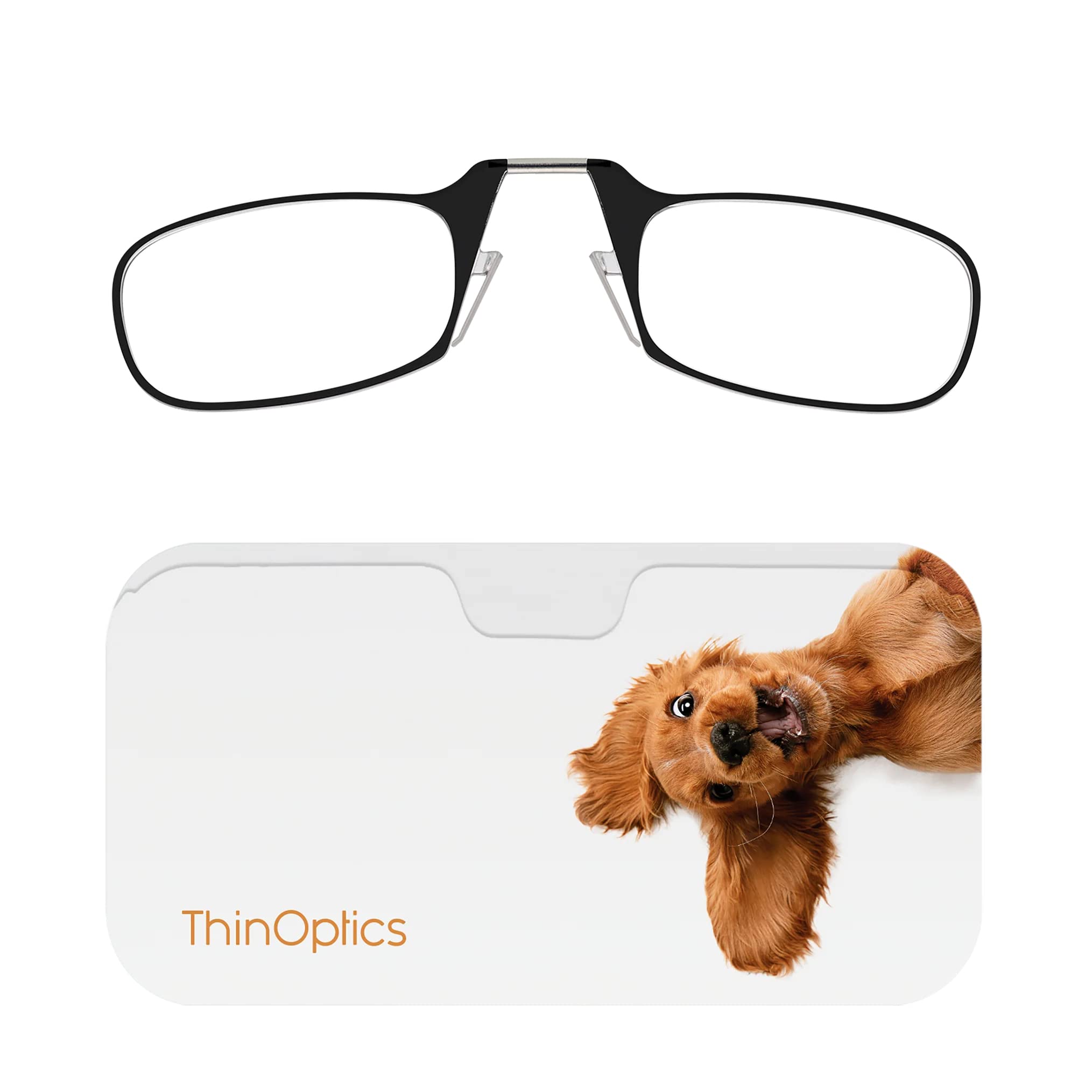 ThinOptics Reading Glasses 1.50 Black Frames with Dog Universal Pod Compact Case - Ultra-light Foldable Rectangular Glasses - Clip-on Nose - 1.50 Strength with Flex-Fit Technology