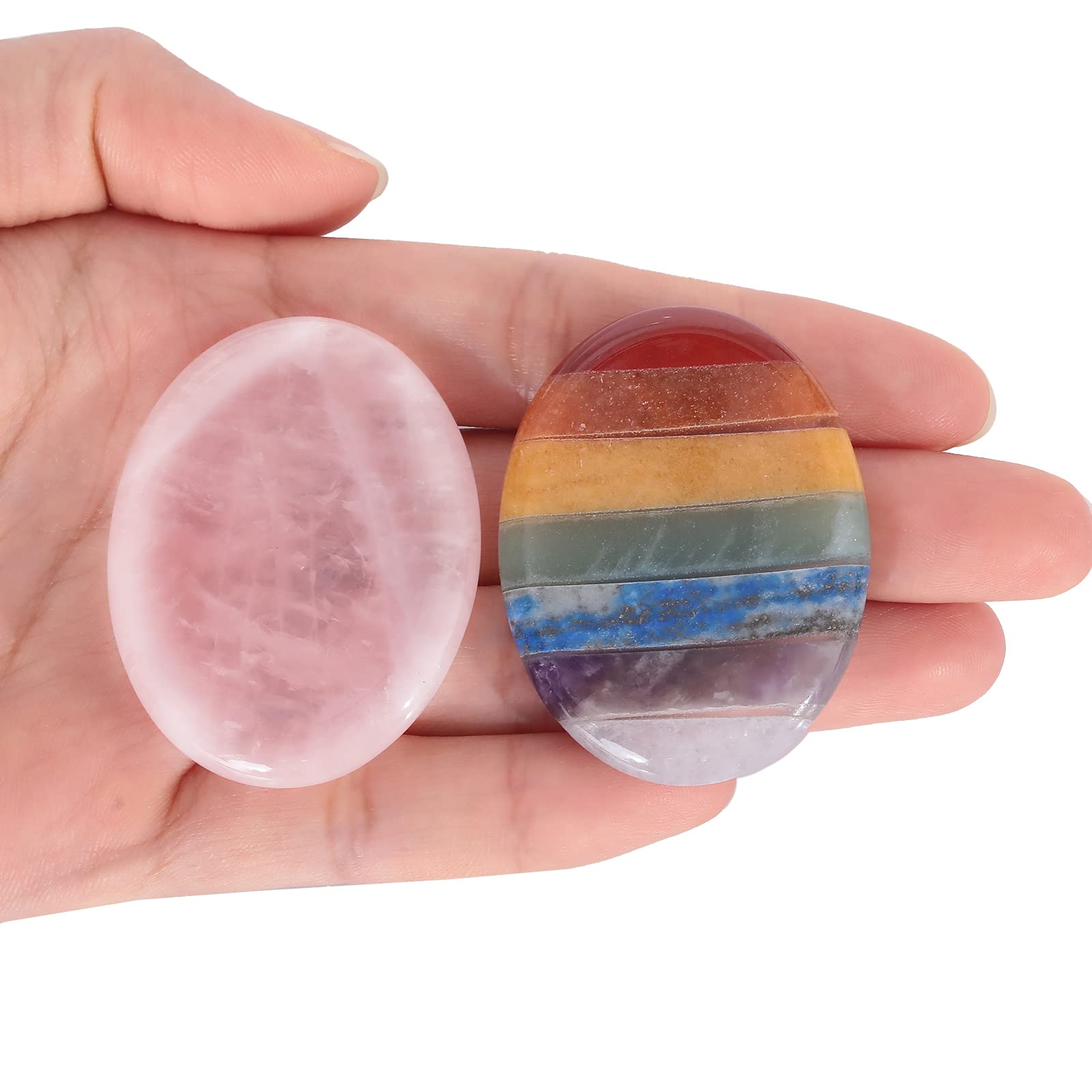 Lovionus89 7 Charka and Rose Quartz Thumb Worry Stone, Stress Relax Healing Reiki Crystal Pocket Palm Stones,Pack of 2