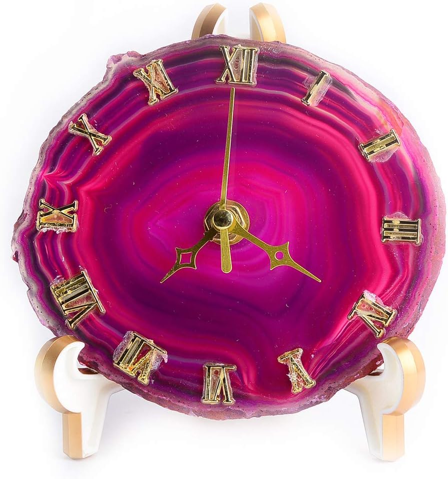 Amazon Com Jic Gem Natural Agate Clock Polished Sliced Geode Agate Ctystal For Living Room Decor Desk Shelf Clocks Home Decor Dyed Pink Color Kitchen Dining