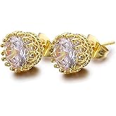 9mm Round Cut CZ Cubic Zirconia Stud Earrings Gold Stud Wedding BridalEarrings for Women Crown Earring (Gold)