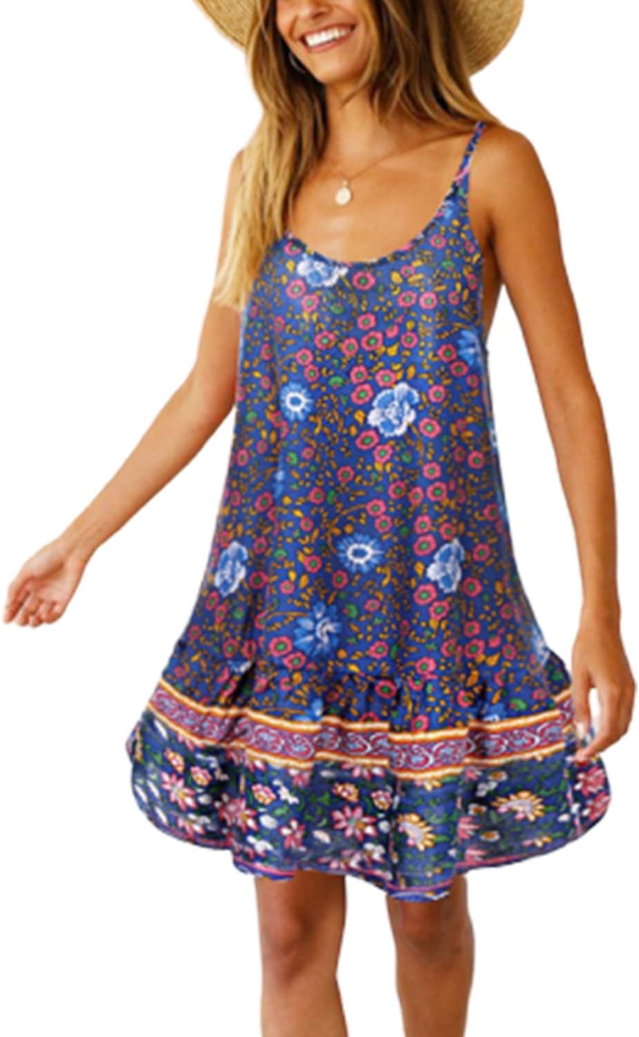 PERSUN Women Cold Shoulder paghetti Strap Dress Tops Tribal Printed Summer Shift Dress