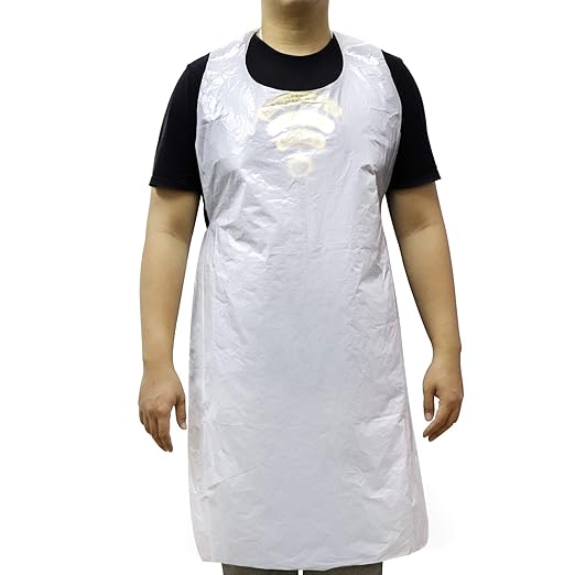 Mokani 100 Pcs Plastic Disposable Aprons White Polythene Thick Aprons