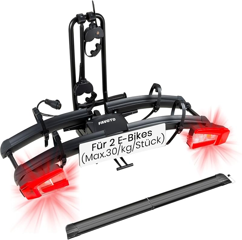 Portabicicletas E-Bike con Rampa Plegable – Soporte de Bola para 2 Bicis (60kg), Aluminio, Antirrobo, Luces 13 Pines y Soporte Matrícula
