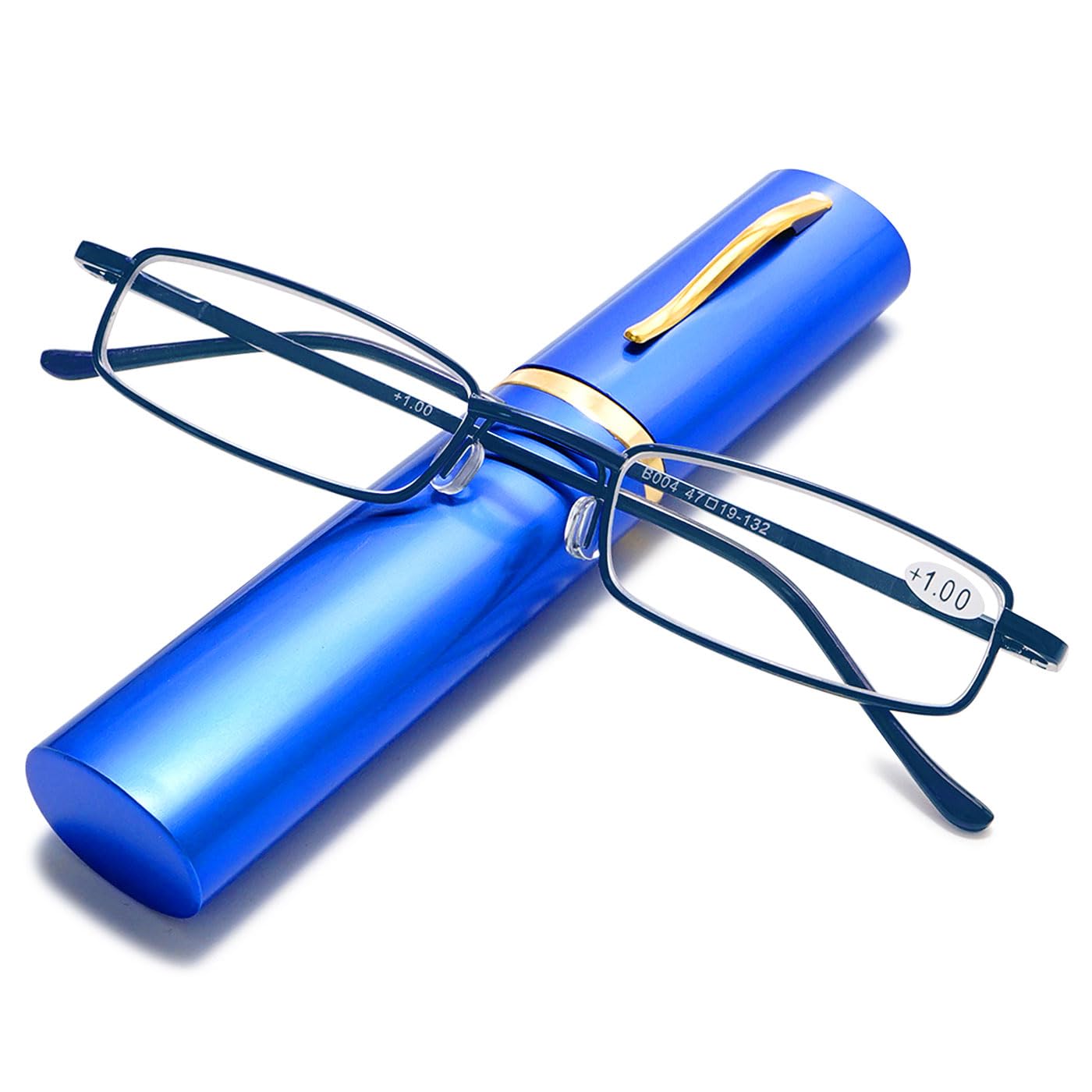 ABETOS Slim Pen Reading Glasses Blue Light Blocking Metal Readers In Tube Case Superlight Spring Hinge Pocket Portable Eyewear Thin Travel Eyeglasses 1.0+ 1.5+ 2.0+ 2.5+ 3.0+, Blue+1.0