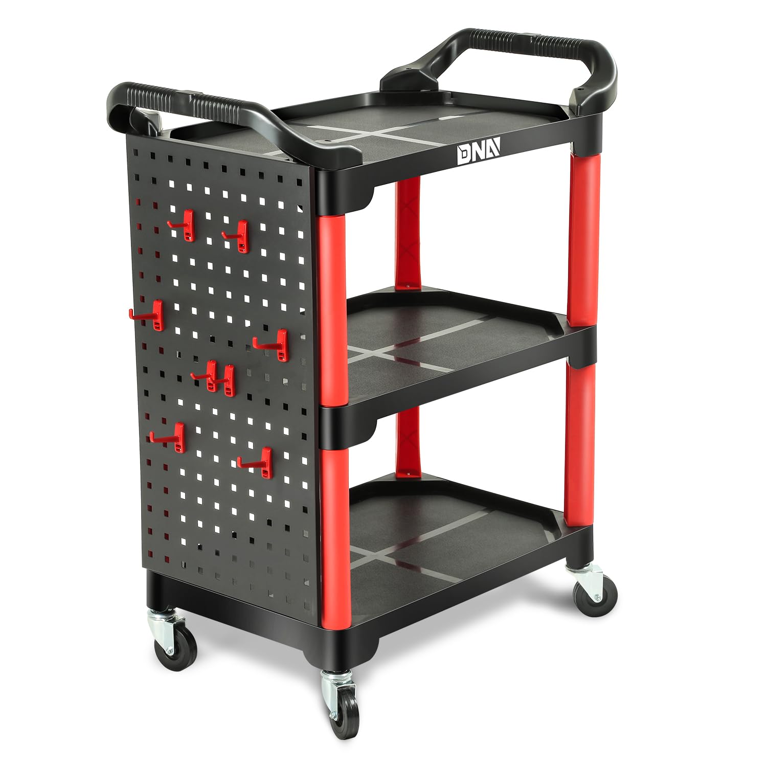 DNA MOTORING 3 Tier Detailing Cart, Rolling Utility Detailing Tool Cart for Garage, Heavy Duty Utility Service Cart for Detailers, Mechanics During Repairs, w/Pegboard, TOOLS-00428